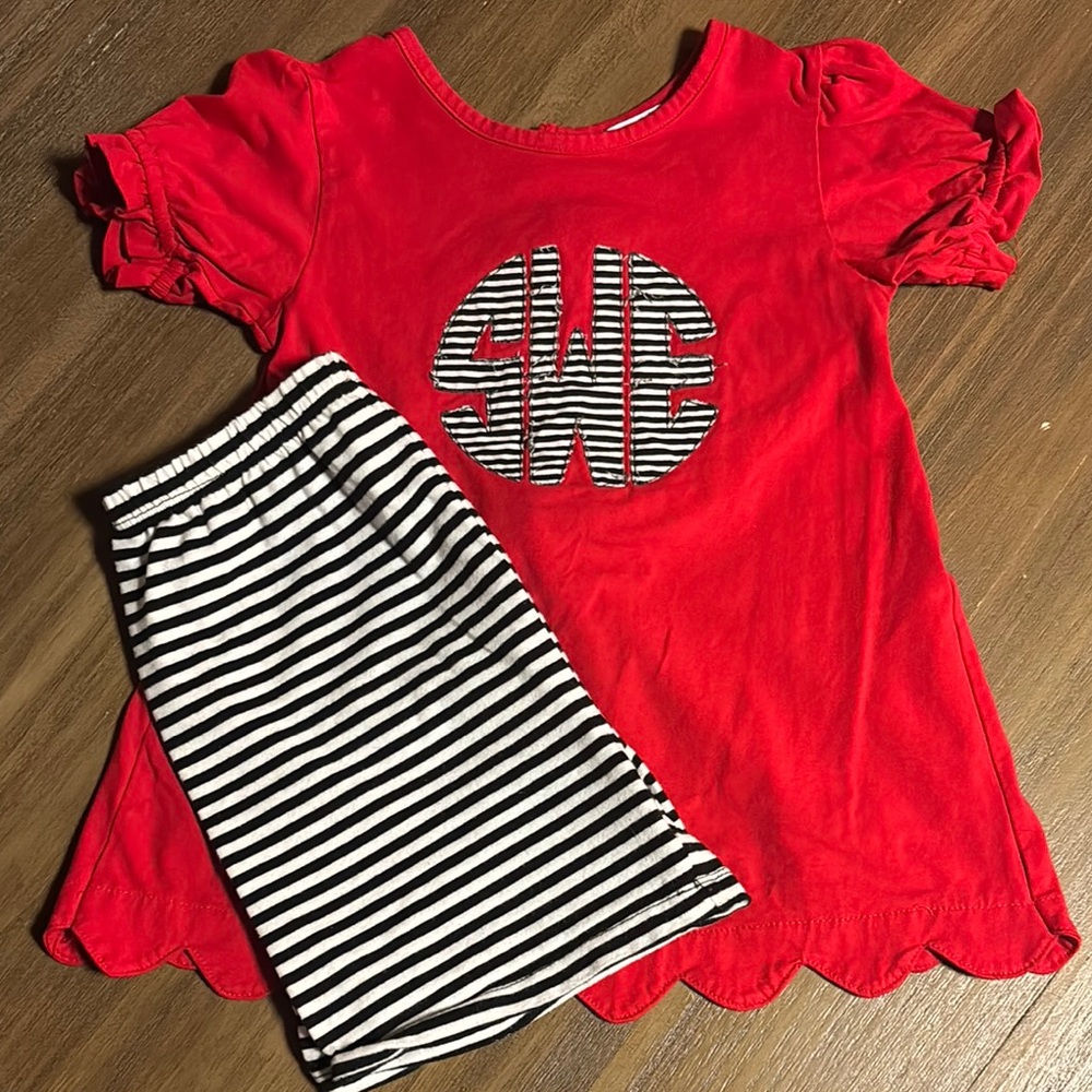 Red Girls Top with Black & White Striped Short Set Monogram SWE